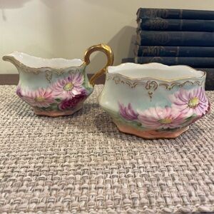 Limoges France Gold Floral Hand Painted Open Sugar & Creamer